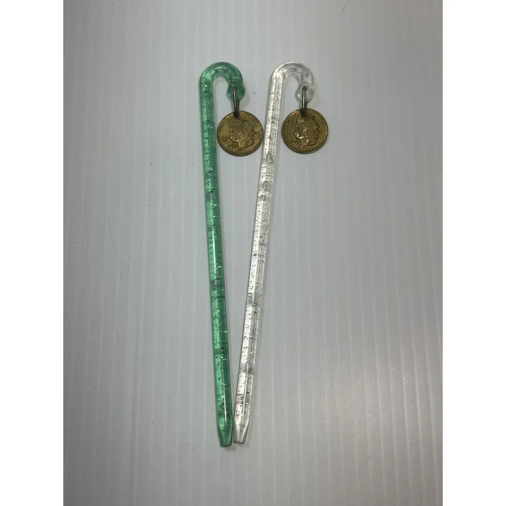 VTG Indianhead Penny Swizzle‎ Stick Drink Garnish Glitter Candy Cain Barware Bar